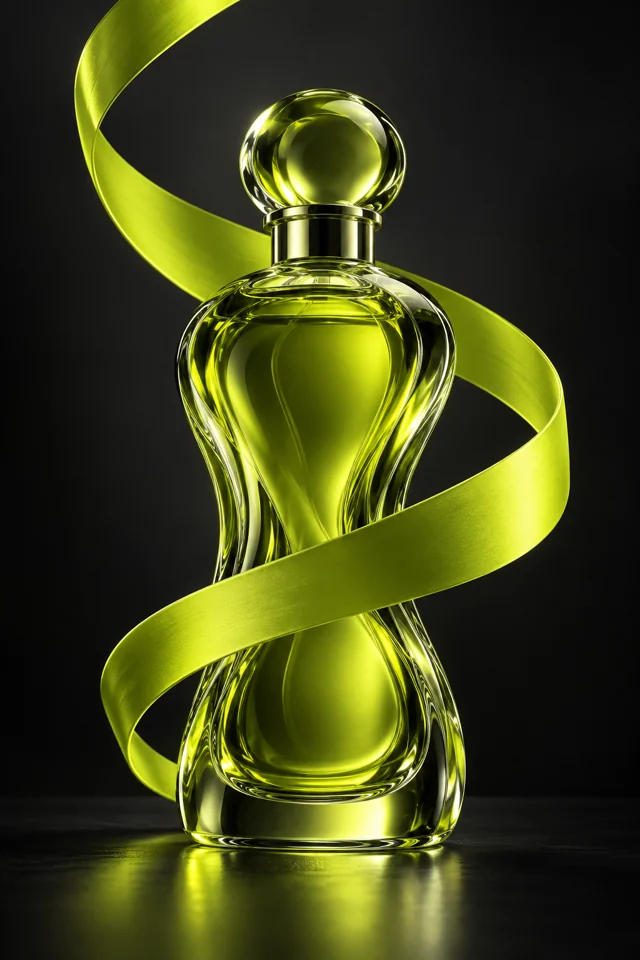 Illustrative lime glass perfume bottle in a dramatic studio setting